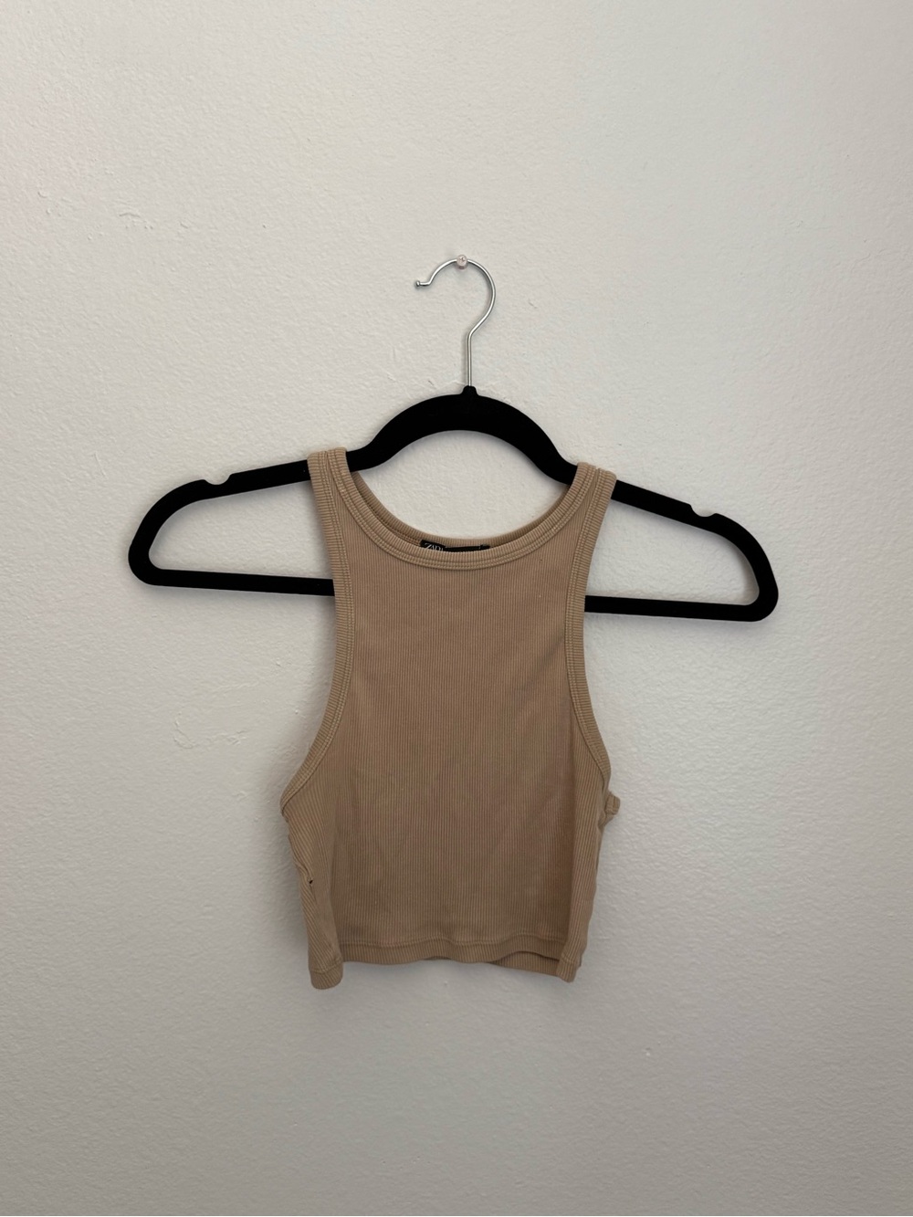 Ribbed Racerback Crop Tank Top — Tan